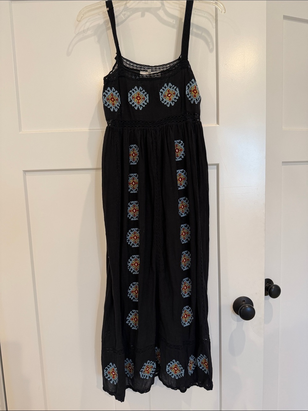 THE GREAT. Black Maxi Dress with Blue and Red Embroidery